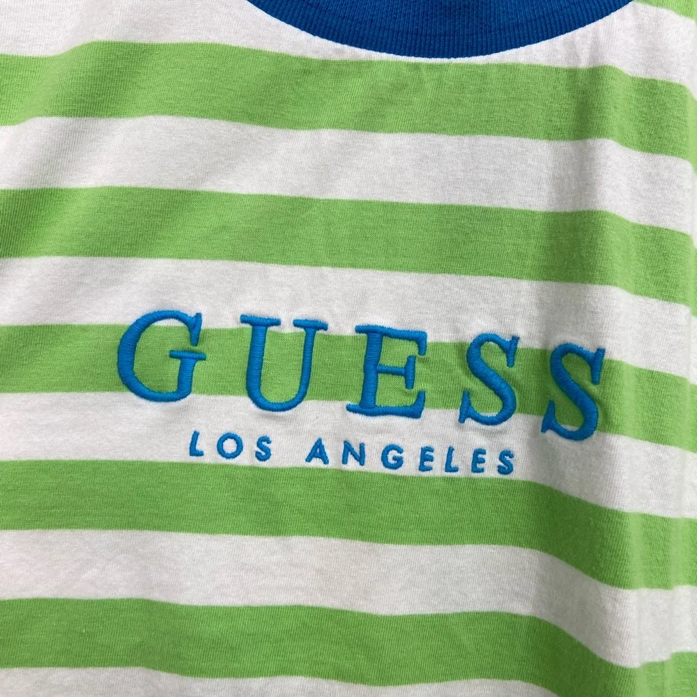 Vintage GUESS Los Angeles men’s green white striped embroidered casual‎ shirt L - Picture 3 of 9